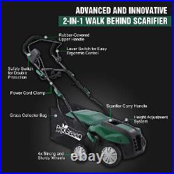 2-in-1 Electric Lawn Dethatcher with Collection Bag 16 Inch 15 Amp Scarifier