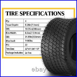 2pcs 22x11.00-10 Lawn Mower Tractor Turf Tires 4 Ply 22x11-10 Tubeless 1480Lbs