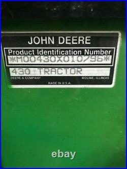 John Deere 430 Diesel Utility Tractor 60 Mower, Auxiliary Hydraulics, 754 Hours